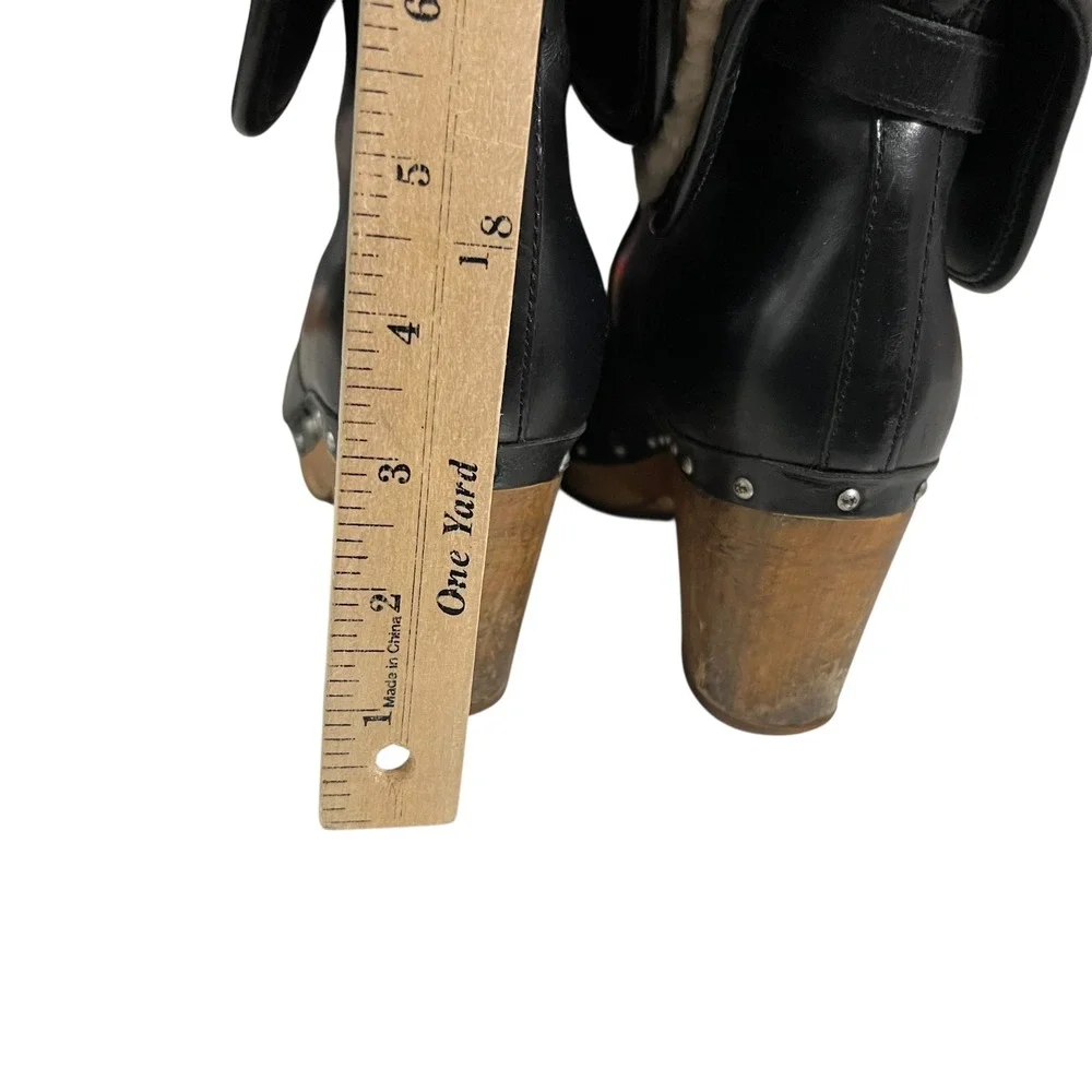 UGG Lynnea 1958 Shearling Clog Boots –‎ Black Leather Wood Heel Size 7